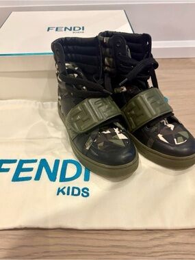 Fendi Kids High-Top Sneakers | Camob FF Strap | Black & Olive | Size 32 kids